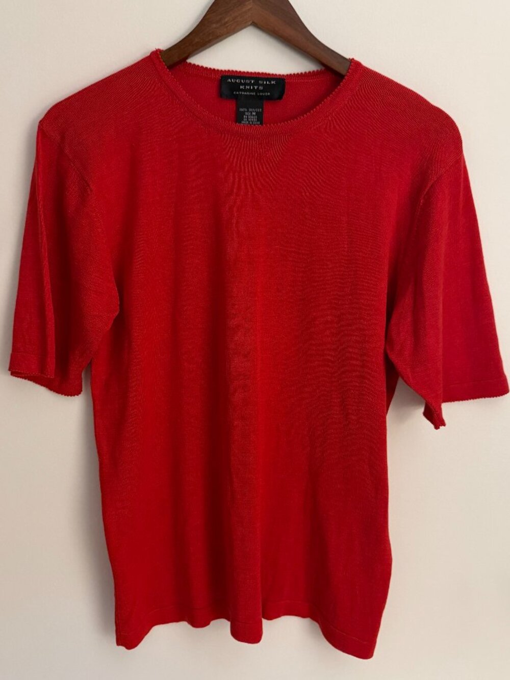 90s Vintage August Silk Red Short Sleeve Knit Top, Size M, Excellent Condition